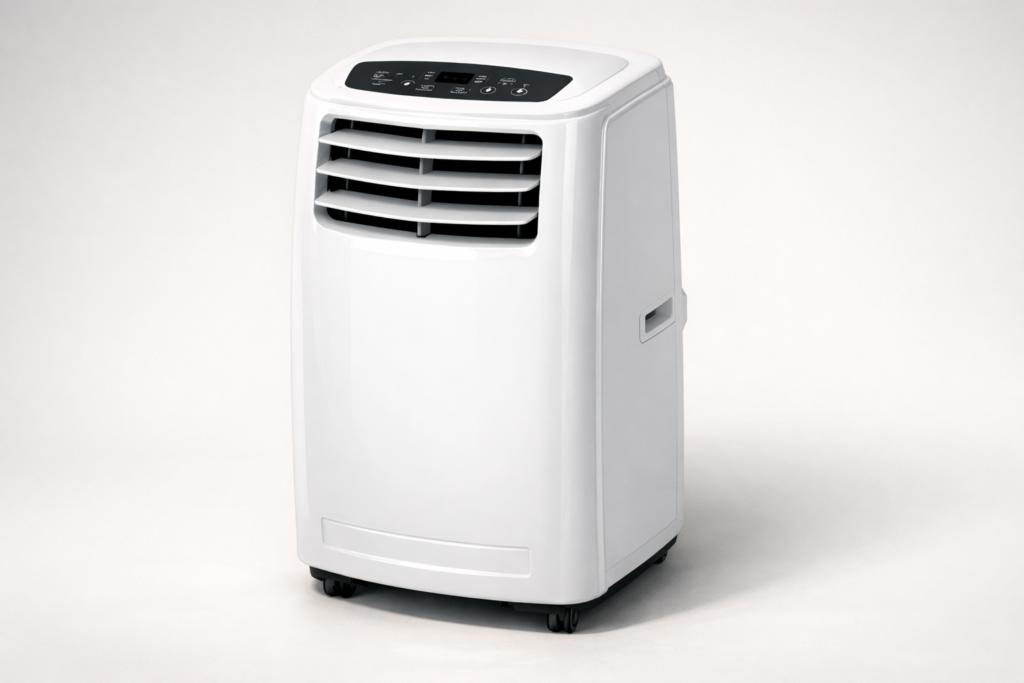 High-quality photorealistic image of a BLACK+DECKER BPACT10WT portable air conditioner shown at a slight three-quarter angle. The front panel, air vents, and control area are clearly visible. Neutral background, soft shadows, realistic lighting, no people, no text. Landscape 16:9.