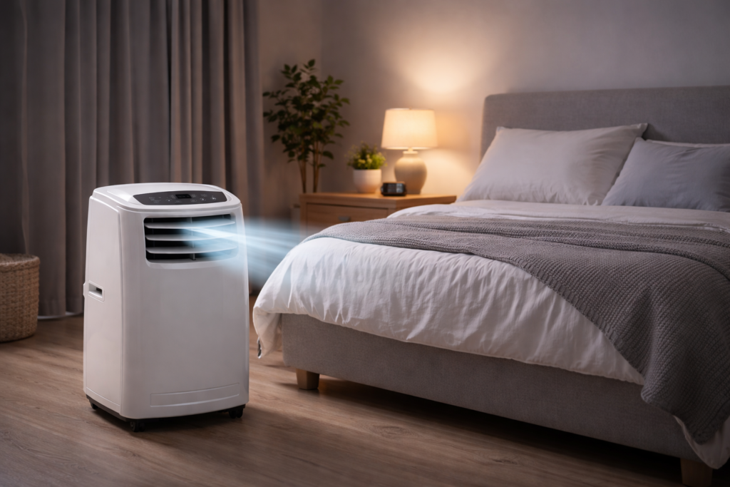 Photorealistic lifestyle image of a BLACK+DECKER BPACT10WT portable air conditioner operating quietly in a small apartment bedroom at night. Soft ambient lighting, calm and minimal décor, closed curtains, peaceful atmosphere, no people, no text. Landscape 16:9.