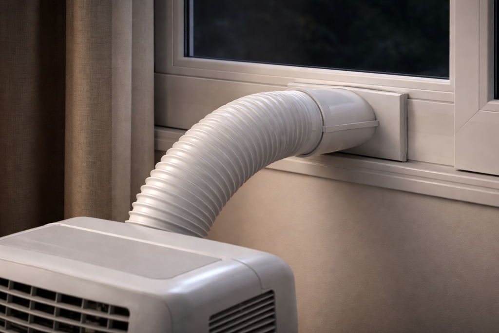 Portable air conditioner exhaust hose installation showing a common source of nighttime vibration noise