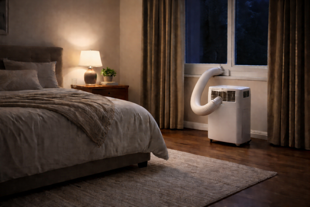 Proper portable air conditioner placement in a bedroom to reduce vibration and nighttime noise