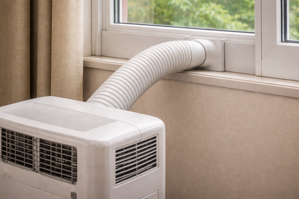 Portable air conditioner window installation kit with exhaust hose attached to unit