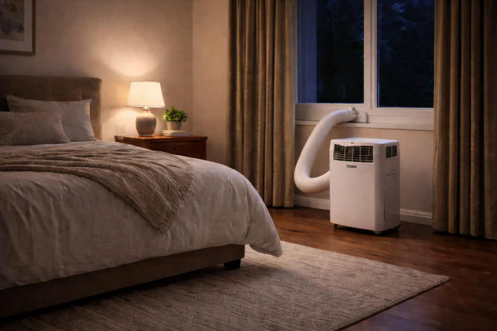 Portable air conditioner operating quietly in a bedroom at night
