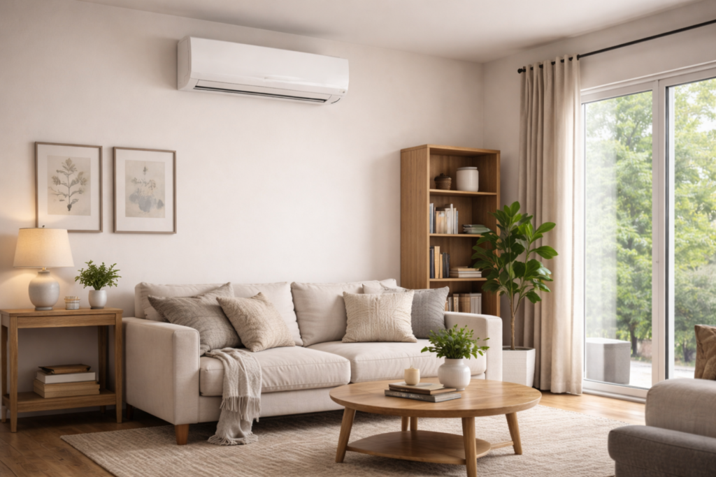 Ductless mini-split air conditioner installed in an apartment living space