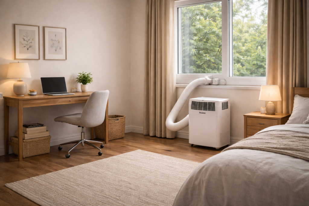 TOSOT portable air conditioner installed near a window in a rental apartment room