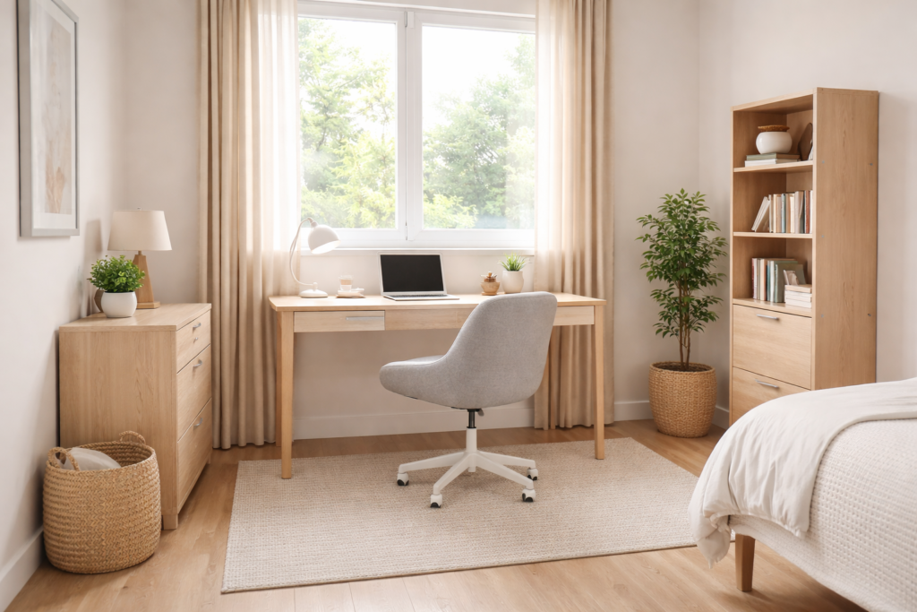 Small enclosed bedroom or home office showing typical room size suitable for a portable air conditioner.