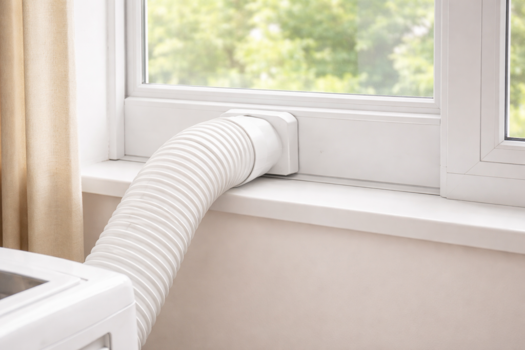 Portable air conditioner exhaust hose vented through a window using a removable installation kit.