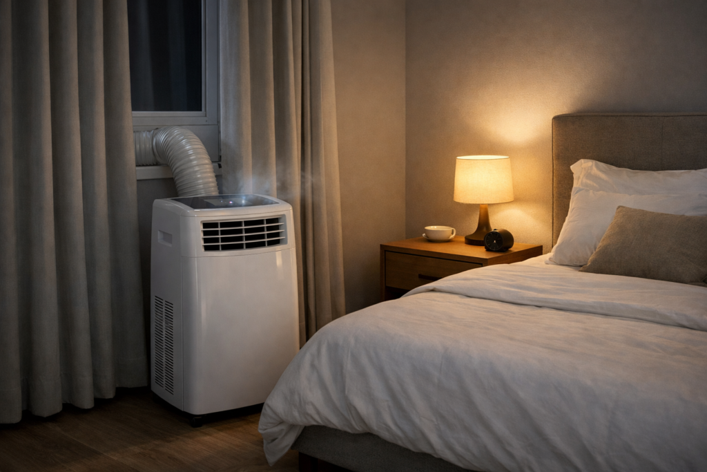 Portable air conditioner operating quietly in a bedroom at night 