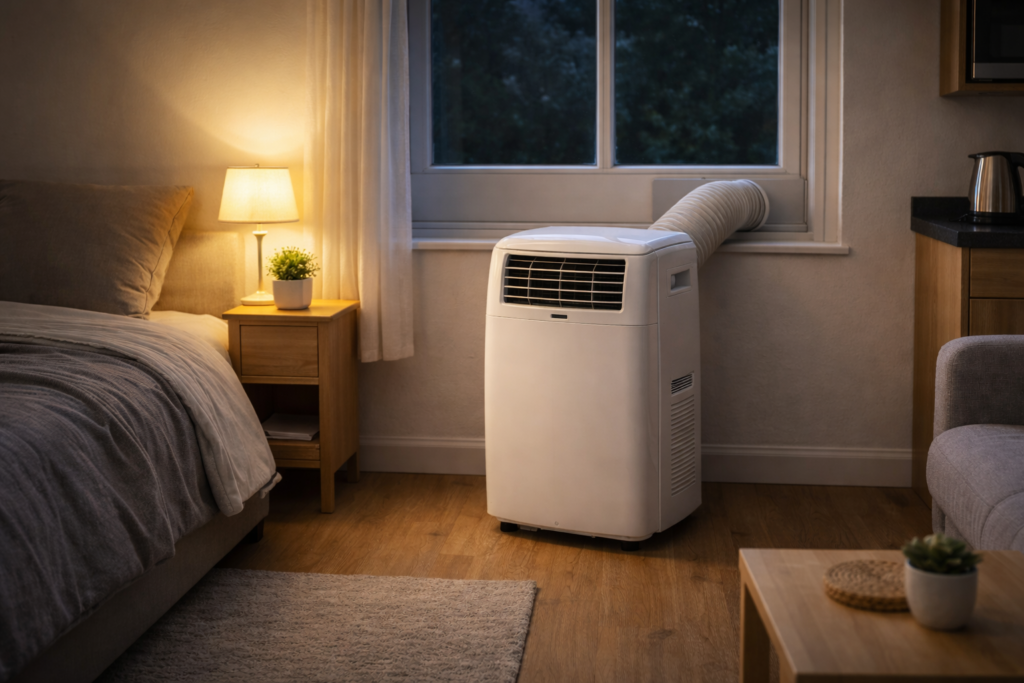 portable air conditioner operating in a small bedroom at night