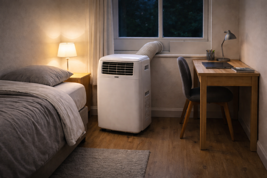 Portable air conditioner positioned near the bed in a small bedroom 