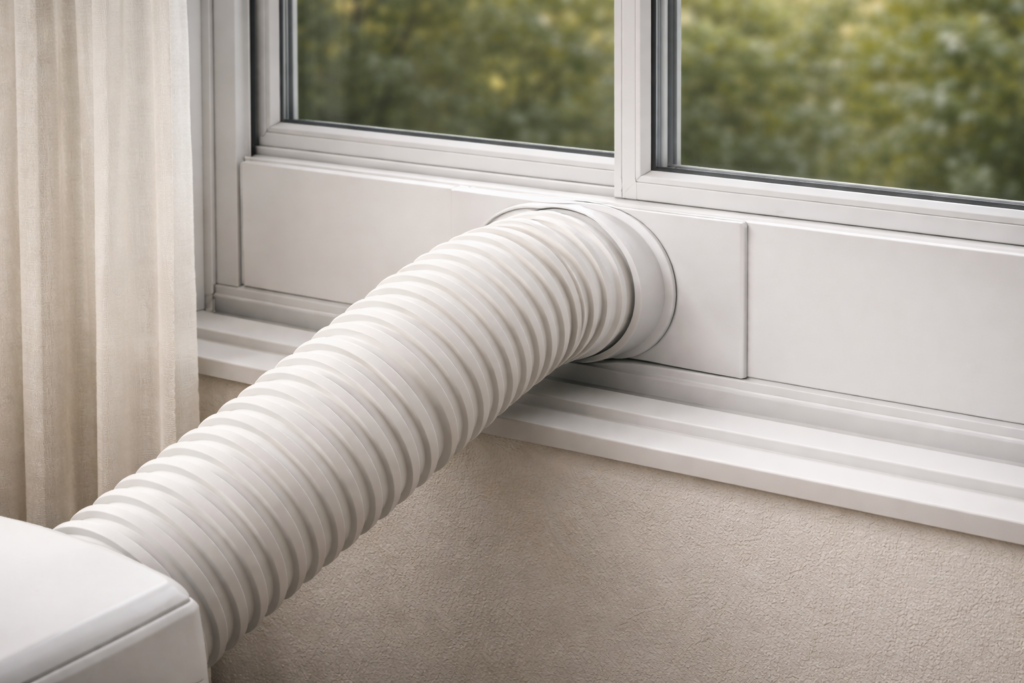 Portable air conditioner window kit installed in an apartment window 