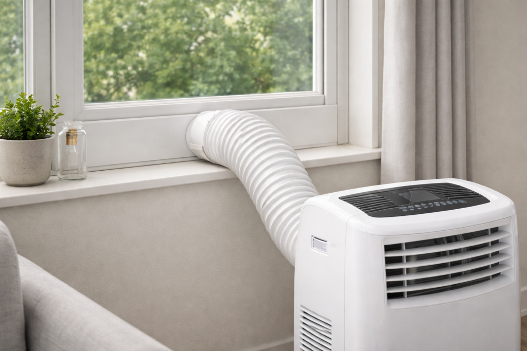 portable air conditioner window kit installation in an apartment room