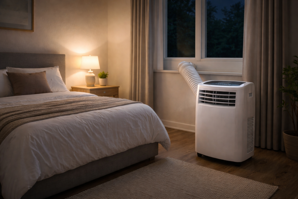 portable air conditioner used in a bedroom for night cooling