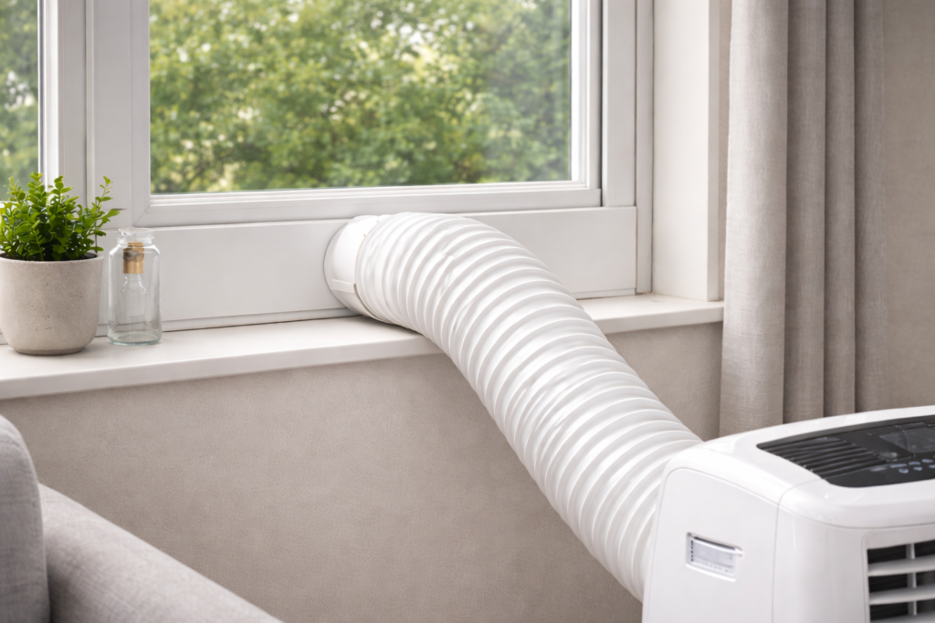 portable air conditioner window kit installation in a bedroom window