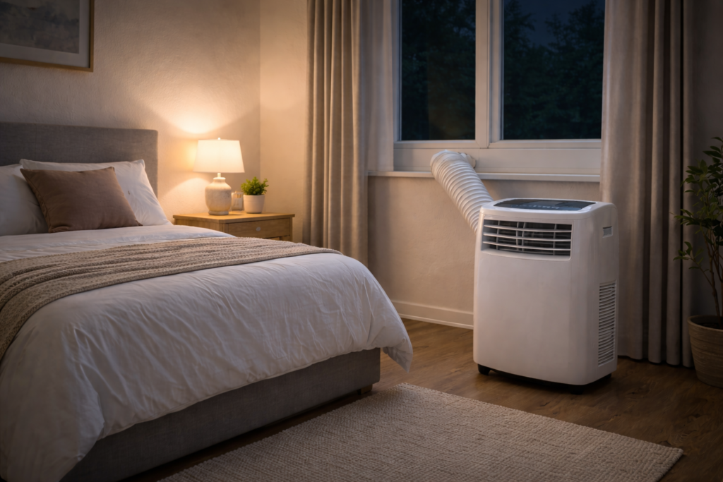 portable air conditioner used in a bedroom at night for cooling