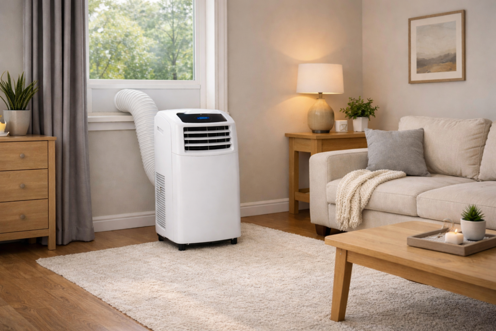 Shinco portable AC with hose installed in a window