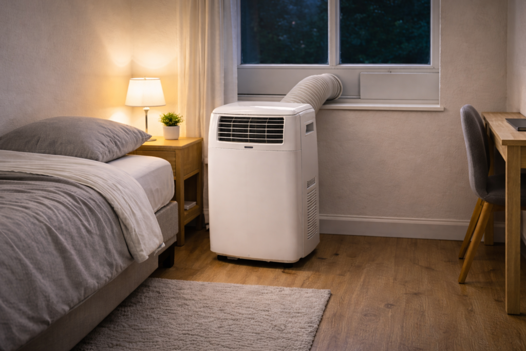 Portable air conditioner positioned near a bed in a small bedroom