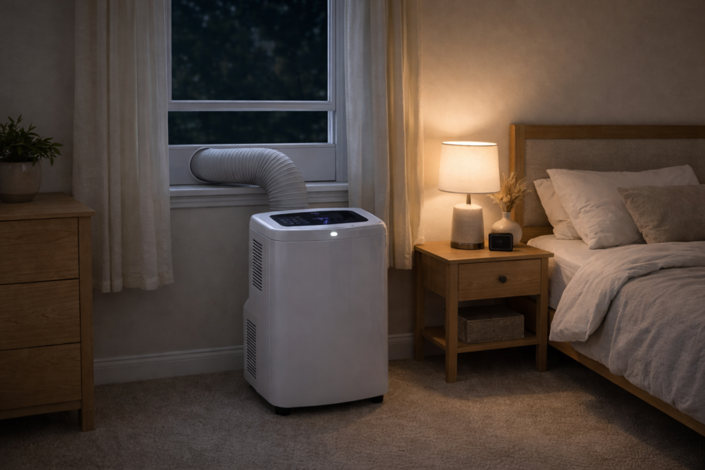 Portable air conditioner operating quietly in a bedroom at night with window exhaust installed