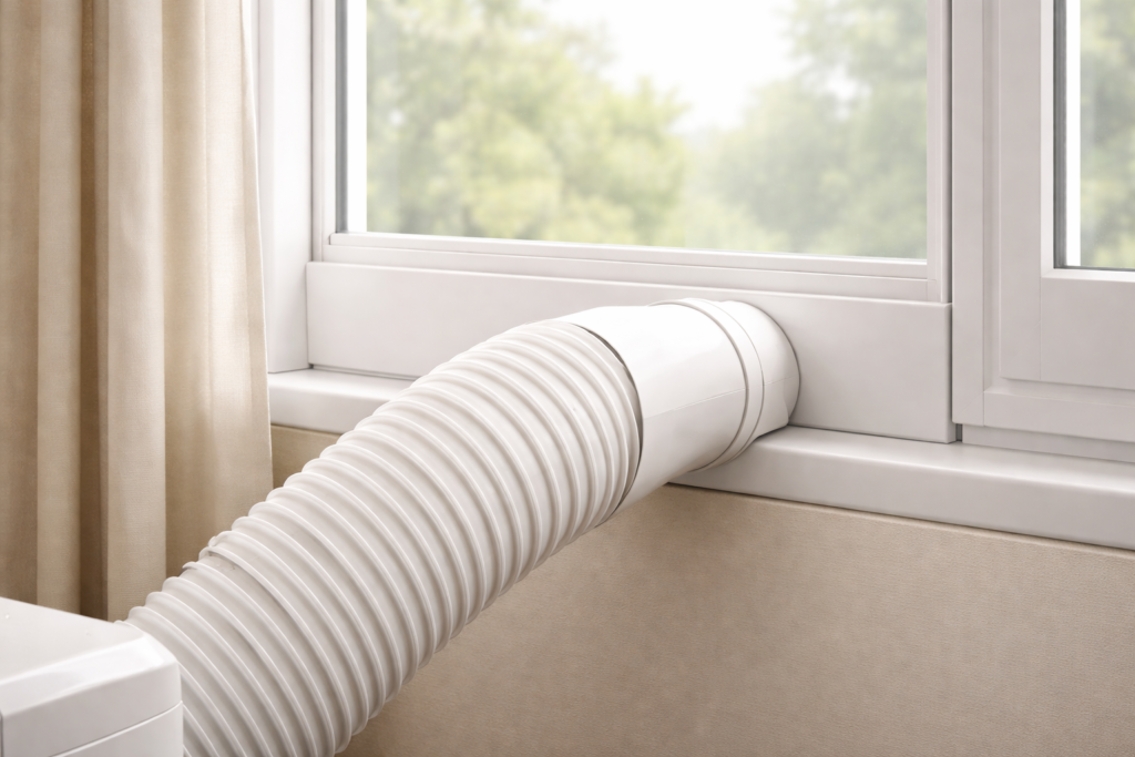 Portable air conditioner window exhaust hose and window kit installation