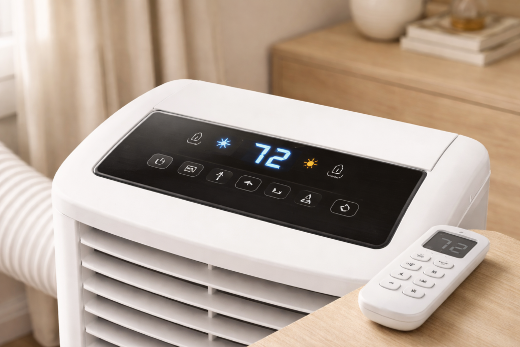 Portable air conditioner control panel and remote showing cooling and heating modes
