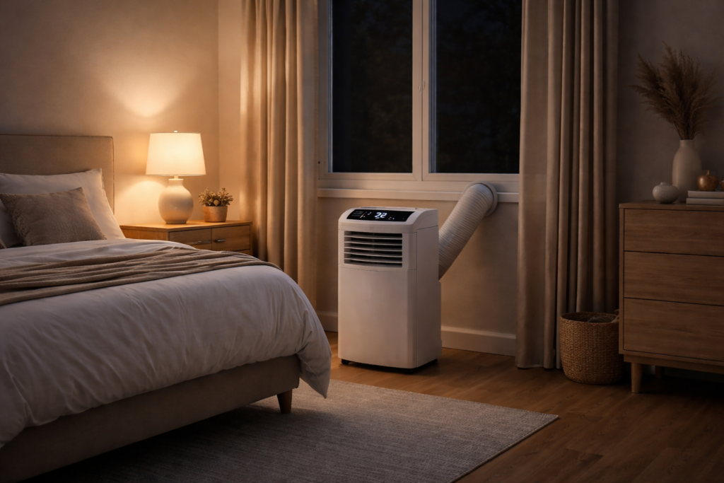 Portable air conditioner operating in a bedroom at night with window exhaust installed