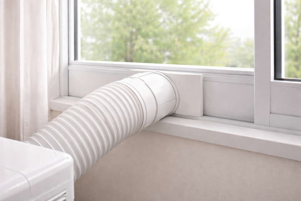 Portable air conditioner window exhaust hose and window kit installation