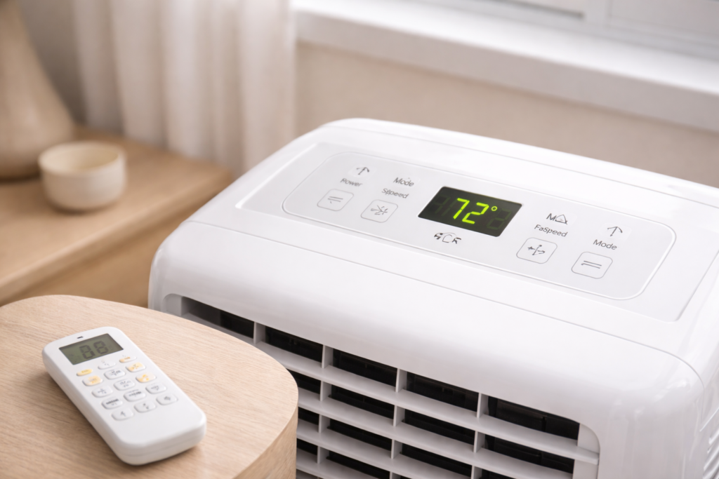 Portable air conditioner control panel and remote showing temperature and mode settings