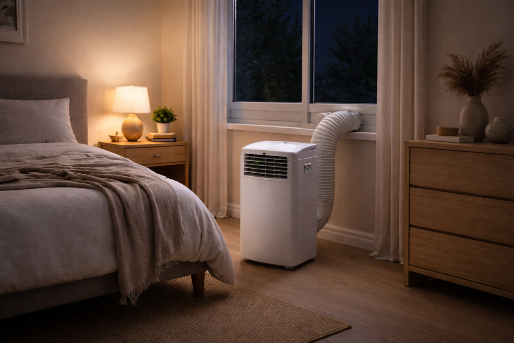 Portable air conditioner operating quietly in a bedroom at night with window exhaust installed 