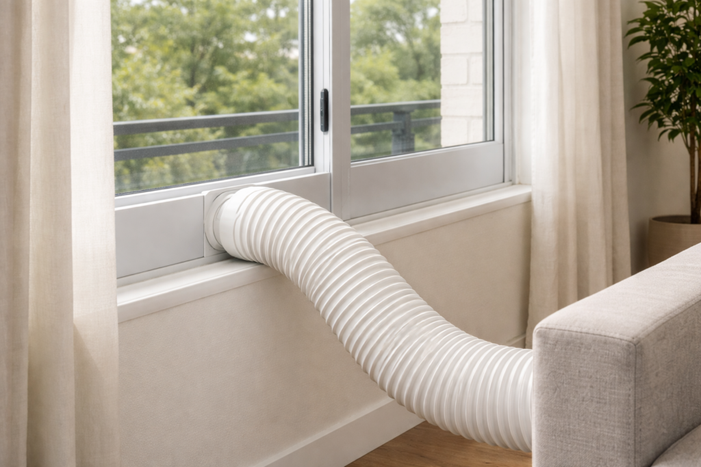 Portable air conditioner window kit installation in a large room without permanent modifications