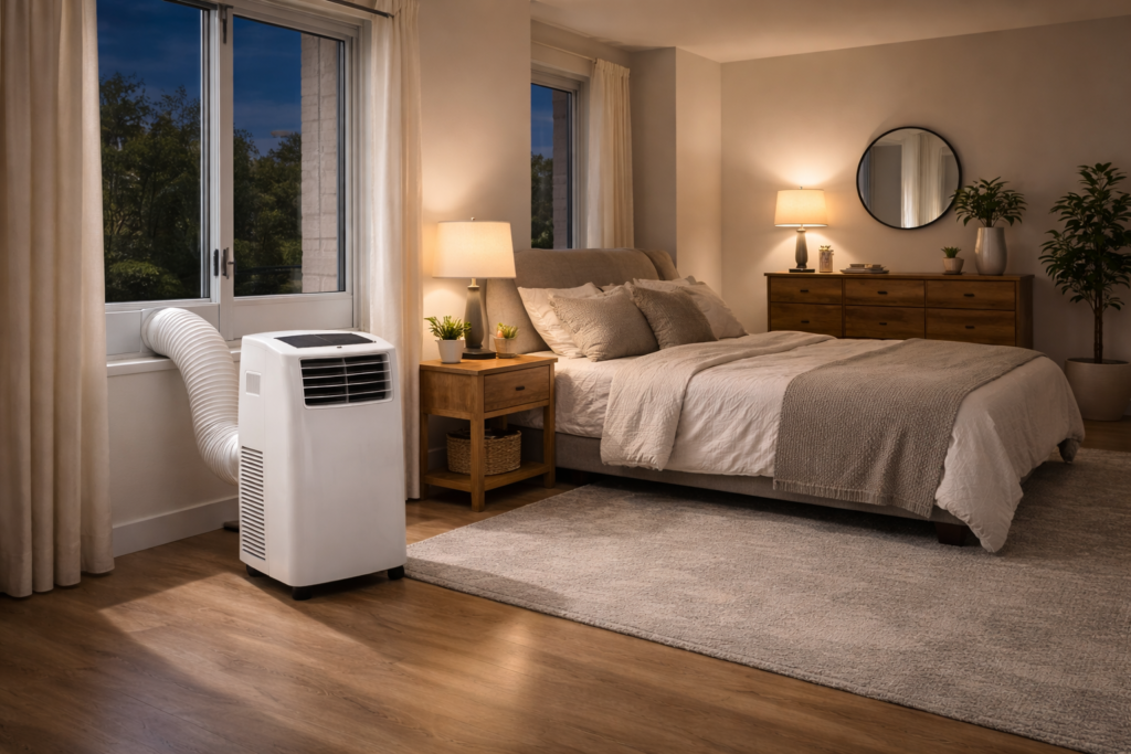 Portable air conditioner operating in a large room during evening hours