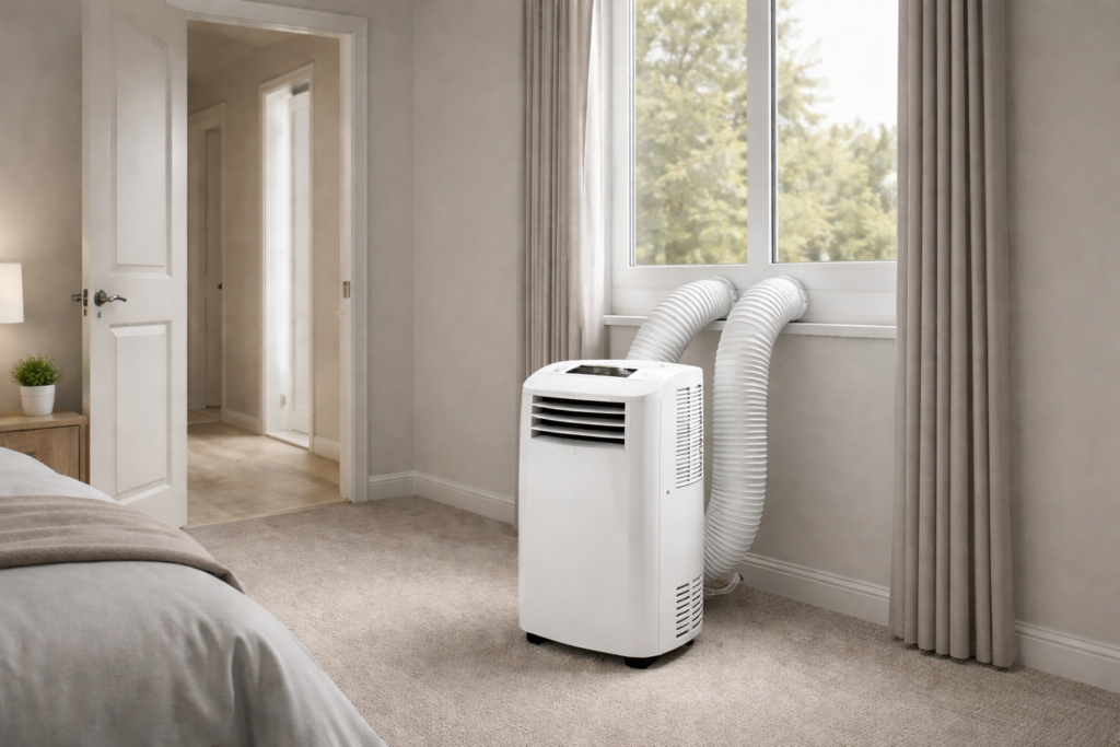 Dual-hose portable air conditioner with intake and exhaust hoses connected to a window kit 