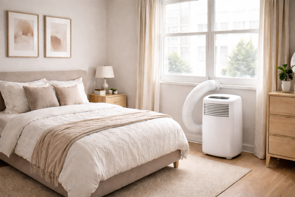 Photorealistic interior image of a small bedroom or studio apartment representing a 150–300 square foot rental space. A portable air conditioner is positioned upright beside a window, facing into the room in its normal operating orientation (front control panel facing forward). A single exhaust hose emerges from the rear of the unit (not directly visible) and runs naturally along the side of the unit into a window installation kit. The hose path is continuous, logical, and clearly originates from the back of the air conditioner without the unit being rotated or turned around. The hose does not run behind furniture and is not detached at any point. The bed is positioned away from the hose path. Neutral décor, realistic daylight lighting, clean real-world rental setup. Informational, functional composition showing correct installation rather than lifestyle staging. No people, no branding, no logos, no text overlays. Landscape orientation, 16:9 aspect ratio.
