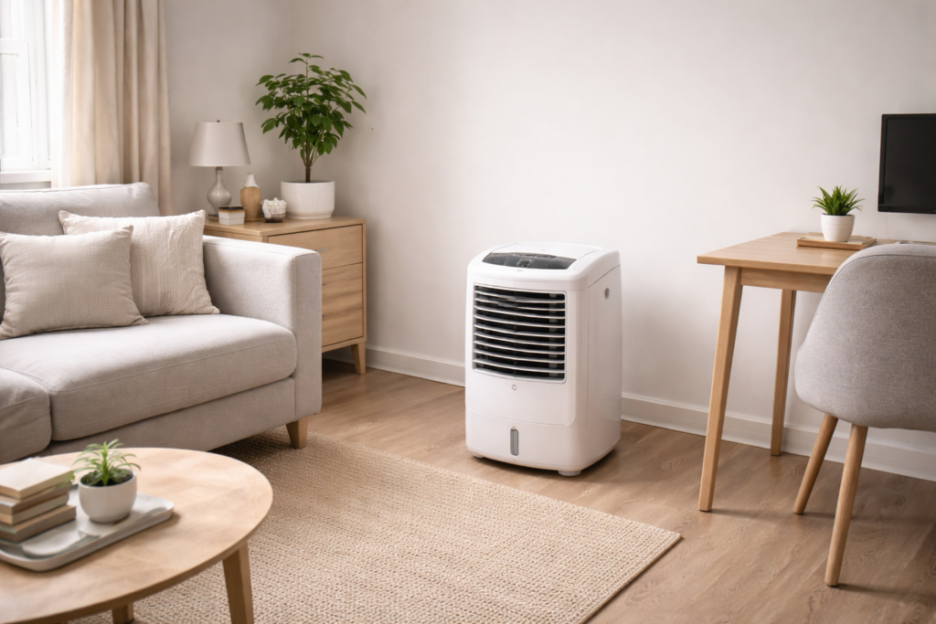 Evaporative air cooler used in a small apartment room without external venting.