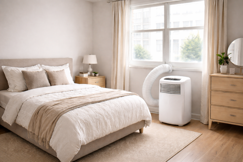 Portable air conditioner correctly installed in a small apartment using a window vent kit.