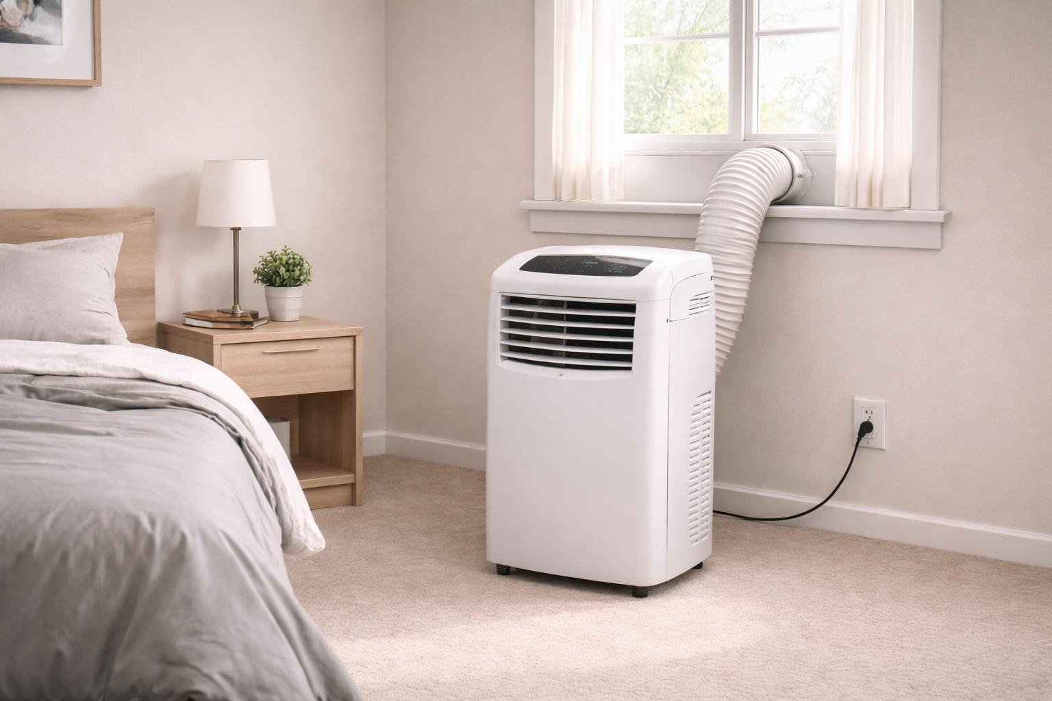 Compact portable air conditioner positioned in a small bedroom space